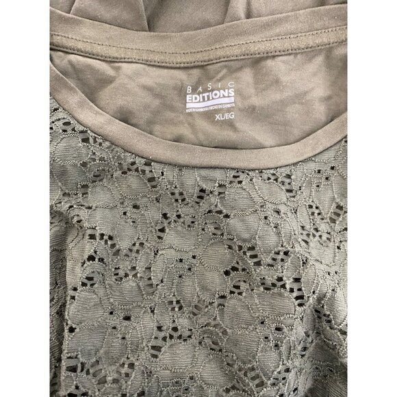 Basic Editions Green Olive Floral Lace Front Crew Neck Short Sleeve Top Size: XL - Picture 4 of 6